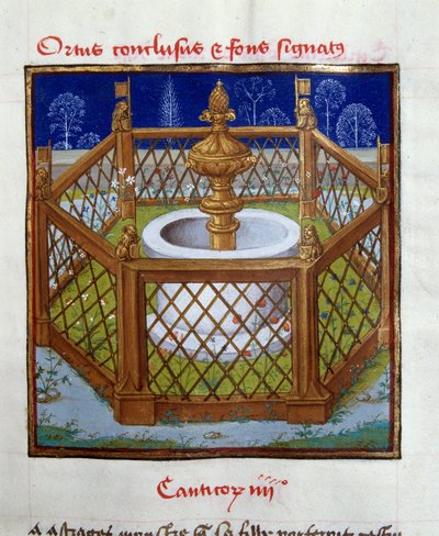 Der umschlossene Garten und der Brunnen. Miniatur von Meister von Dreux-Budé aus „Speculum humanae salvationis“. Chantilly, Musée Condé von French School