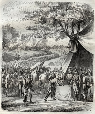 Das Ende des Vendée-Krieges - Hoche unterzeichnet einen Vertrag mit den Bretonen - Französische Revolution - Die Befriedung der Vendée - Abkommen von La Mabilais, 20. April 1795 - unterzeichnet zwischen General Hoche und den Anführern der Chouans - Unterze von French School
