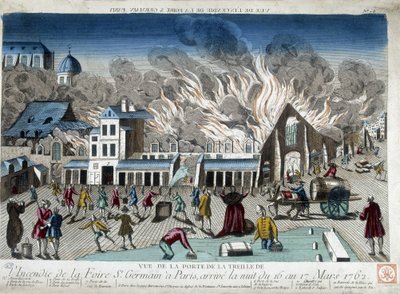 Der Brand der St. Germain Messe in Paris, Nacht vom 16. auf den 17. März 1762 - Gravur von French School