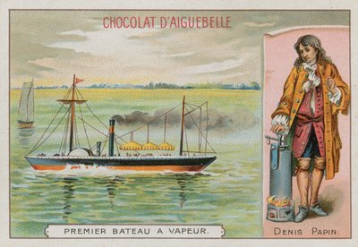 Das erste dampfbetriebene Boot und Denis Papin, französischer Pionier der Dampfkraft des 17.-18. Jahrhunderts von French School