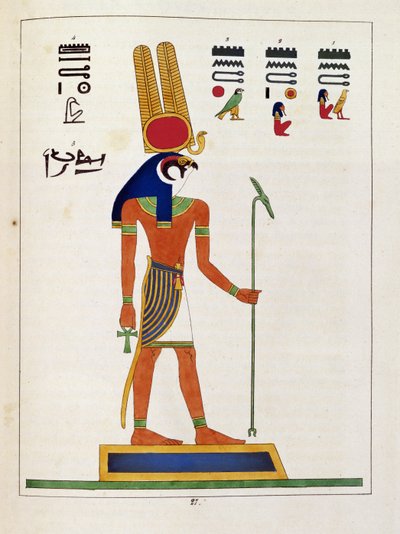 Der Gott Mandou, Illustration aus Pantheon égyptien: Sammlung mythologischer Figuren des alten Ägypten, von Jean-Francois Champollion, veröffentlicht ca. 1986 von French School