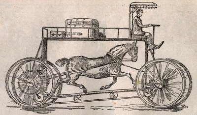 Das Hippocycle: Erfindung zur „Pferdeerhaltung“ als Transportmittel nach der Ankunft von Autos und Fahrrädern. Gravur in „Le Pelerin“ vom 9. August von French School