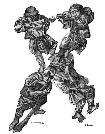 Der Buchstabe X des grotesken Alphabets, bestehend aus vier musikalischen Zeichen, erstellt 1466. In „The picturesque store“ 1836 von French School