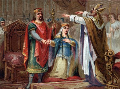 Die Hochzeit von Clovis (481-511) König der Franken mit Clothilde im Jahr 493. Chromolithographie aus dem späten 19. Jahrhundert. von French School