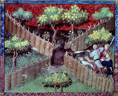 Die Miniatur-Wildschweinjagd aus „Das Buch der Jagd“ von Gaston III Phoebus, Graf von Foix, Herr von Béarn (1331-1391) von French School