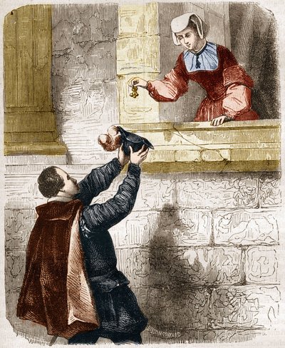 Die geheimnisvollen Lieben von König Heinrich II. (1519-1559) und Diane de Poitiers (1499-1566). Gravur in „Die Geschichte der Prostitution und Ausschweifung bei allen Völkern der Welt von der Antike bis zur Gegenwart“ von Dr. Th.-F. Debray. 1879. von French School
