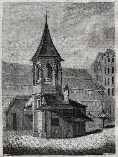 Der Pranger der Halles im 18. Jahrhundert, gebaut auf dem alten Friedhof der Unschuldigen - Gravur in Die physische, zivile und moralische Geschichte von Paris: von den frühesten historischen Zeiten bis zur Gegenwart von Jacques Antoine Dulaure von French School