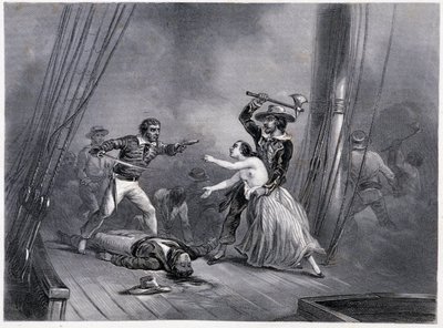 Der Pirat Morgan entführt die schöne Spanierin - in „Allgemeine Geschichte der Marine“ von E und V Penaud Brüdern von French School