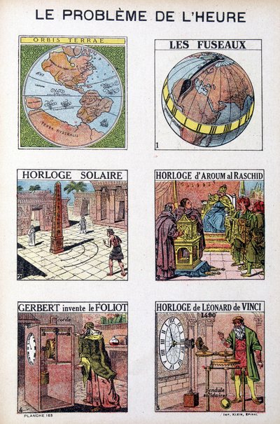 Das Problem der Zeit: Orbis Terrea, die Spindel, Sonnenuhr, Uhr von Aroum Al Racshid, Gerbert erfindet den Foliot, Uhr von Leonardo da Vinci - Gravur, Anfang 20. Jahrhundert von French School