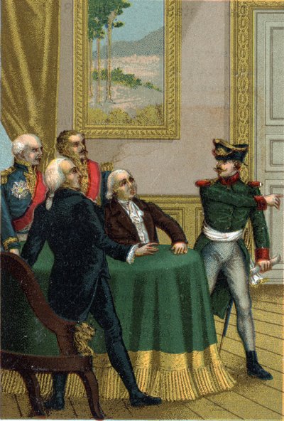 Die Restauration von 1815: Joseph Fouche, Polizeiminister von Napoleon I., ließ einen preußischen Offizier in den Raum einführen, in dem die Kommission der Provisorischen Regierung unter der Leitung von König Ludwig XVIII. am 7. Juli 1815 tagte von French School