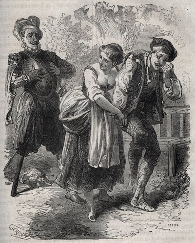 Die Rückkehr von Martin Guerre (um 1524 um 1560): Er erschien vor seiner Frau, Bertrande de Rols, und demjenigen, der seine Identität usurpiert hatte, dem Betrüger Arnaud du Tilh (Thil). Gravur von 1871 in „Histoire Des Cocus Celebres“ von Henry de Kock (1 von French School