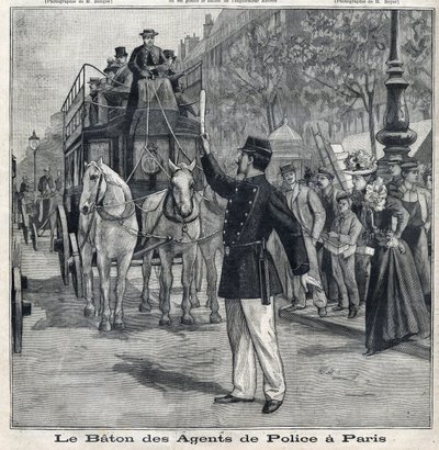 Der Stock der Polizisten in Paris zur Regelung des Verkehrs in den Straßen der Hauptstadt, in "Le Petit Parisien" von French School