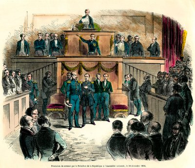 Die Vereidigung von Louis Napoleon III (Louis-Napoleon), der offiziell zum Präsidenten der Republik erklärt wurde, in der Nationalversammlung am 20. Dezember 1848. Er schwört „der einen und unteilbaren demokratischen Republik treu zu bleiben und alle von French School