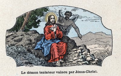 Der verführerische Dämon von Jesus Christus besiegt. Jesus Christus wurde vom Geist in die Wüste geführt und vom Teufel versucht. In "Tout l