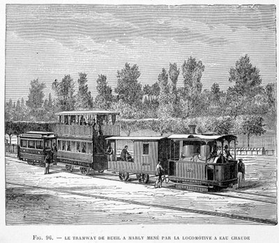 Die Straßenbahn von Rueil nach Marly, geführt von der Heißwasserlokomotive - in „Die neuen Eroberungen der Wissenschaft“ von Louis Figuier von French School