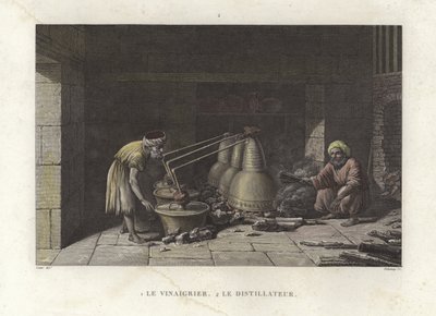 Der Essigmacher, der seine Brennblasen bedient von French School
