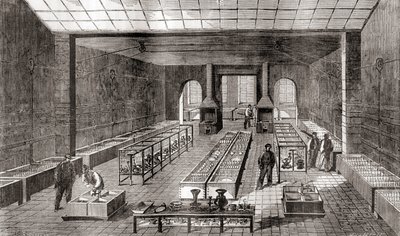 Die Werkstatt mit den chemischen Bädern in Charles Christofles Galvanisierungsanlage, Paris, Frankreich im Jahr 1867, aus Les Merveilles de la Science, veröffentlicht um 1870 (Gravur) von French School