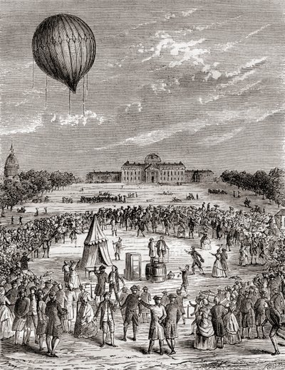 Der erste Wasserstoffballon der Welt, gestartet über dem Champs de Mars, Paris, Frankreich im Jahr 1783, aus Les Merveilles de la Science, veröffentlicht um 1870 (Stich) von French School