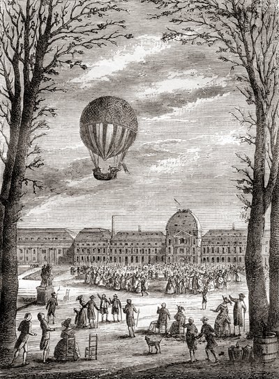 Der erste bemannte Wasserstoffballonflug der Welt über den Champs de Mars, Paris, Frankreich am 1. Dezember 1783, gesteuert von Nicolas-Louis Robert und Professor Jacques Charles, aus 