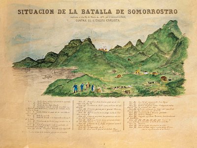 Dritter Carlistenkrieg (1872-1876): Beschreibung der Schlacht von Somorrostro im Baskenland am 25.03.1874 (Gravur) von French School