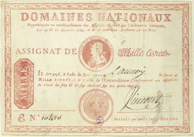 Tausend-Livre-Banknote mit einem Bild von Ludwig XVI. (1754-93), 1790 von French School