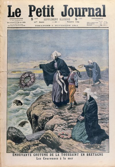 Kranzwerfen ins Meer am Allerheiligentag in der Bretagne, Titelillustration aus Le Petit Journal, 5. November 1911 von French School