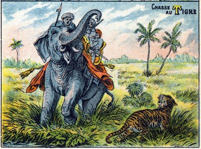 Tigerszene auf dem Rücken eines Elefanten. Syllabar-Alphabet der Jagden. Bild von Epinal von French School
