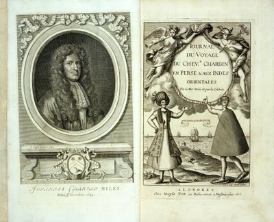 Titelseite und Frontispizporträt von Journal du Voyage de Chevalier Chardin en Perse et aux Indes Orientales von Jean Chevalier Chardin, 1686 von French School