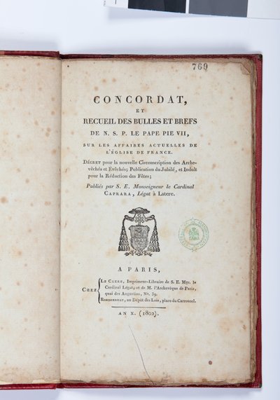 Titelseite des Concordat et Recueil des bulles et brefs de N. S. P. le Pape Pie VII, herausgegeben von Giovanni Battista Caprara, Paris, Chez Le Clers, 1802 von French School