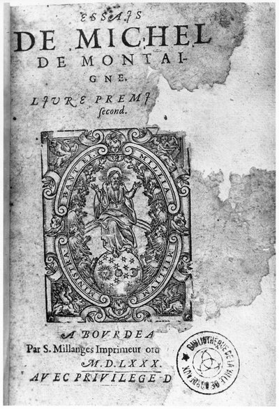 Titelseite der ersten Ausgabe von Essais von Michel de Montaigne (1533-92) 1580 von French School