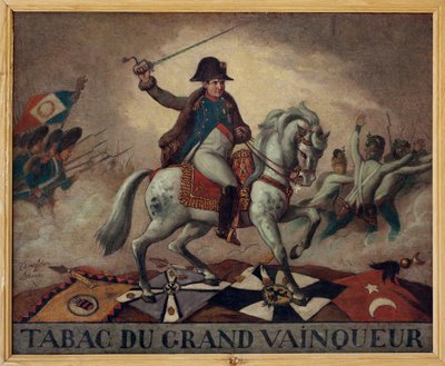 Zum Tabak des großen Gewinners. (Reiterporträt von Napoleon Bonaparte (1769-1821), der seine Truppen in die Schlacht führt) von French School