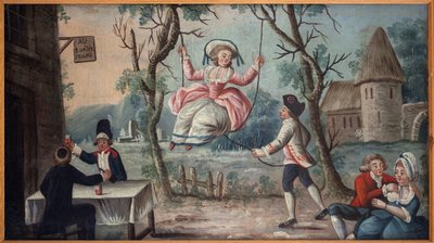 An die drei vereinten Stände. Der Klerus, der Adel und der Dritte Stand vereint in einer Taverne. Eine junge Frau schaukelt. Gemaltes Schild eines Kokardenhändlers, stammt wahrscheinlich aus dem Königspalast, anonymes Gemälde, Revolutionszeit von French School