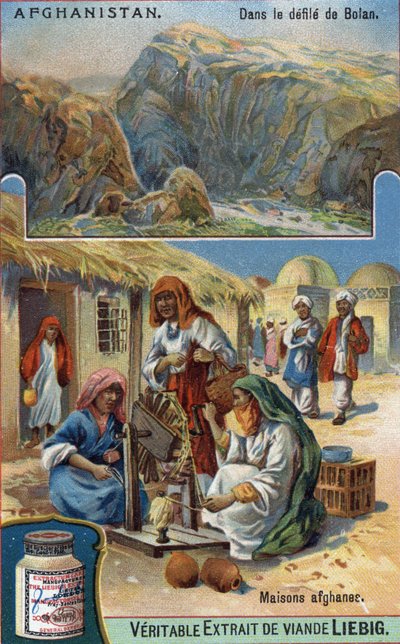 Oben: Bolan-Parade in Afghanistan. Unten: Afghanische Frauen, die vor ihren Häusern Wolle weben. Chromolithographie des 19. Jahrhunderts von French School