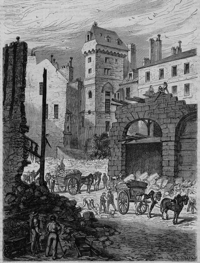 Tour Jean Sans Peur, letztes Überbleibsel des Hôtel de Bourgogne, während des Durchbruchs der Rue Etienne Marcel, Paris. Gravur von French School