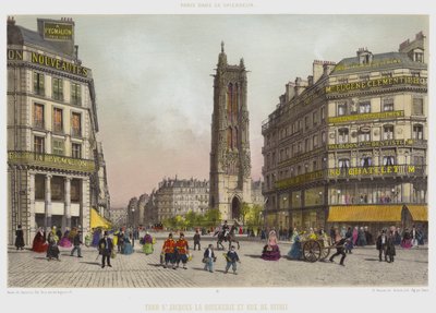 Turm St. Jacques-La-Boucherie und Rue de Rivoli (Farblithographie) von French School