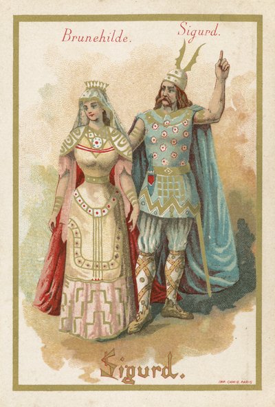 Handelskarte, die Brunehilde und Sigurd darstellt von French School