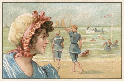 Werbekarte mit einem Nahaufnahmebild einer Frau in Strandkleidung von French School