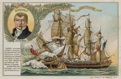 Handelskarte mit einem Bild, das die Eroberung des Ostindienfahrers Kent durch die Confiance darstellt von French School