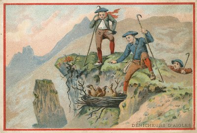 Werbekarte mit einem Bild von Männern, die Adler-Eier stehlen von French School