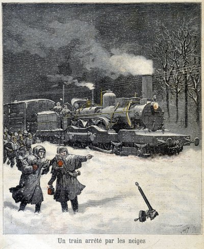Zug gezwungen, wegen Schnee zu stoppen. Illustration der Zeitung „Le Petit Parisien“ vom März 1892. von French School