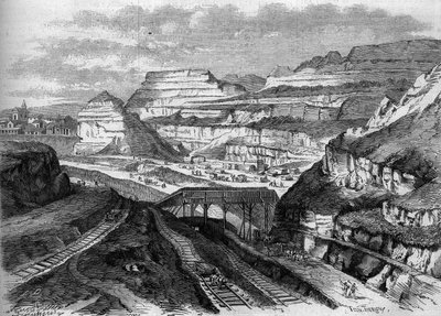 Transformationen von Paris unter dem Zweiten Kaiserreich, Paris Haussmann: Umwandlung der Gipssteinbrüche von Buttes-Chaumont (Buttes Chaumont) in einen Park. Gravur in „Le Monde Illustré“ Nr. 306 vom 21. Februar 1863 von French School