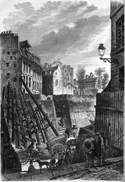 Transformationen von Paris unter dem Zweiten Kaiserreich, Haussmanns Paris: Blick auf die Rue Rollin an ihrer Kreuzung mit der Rue Monge. von French School