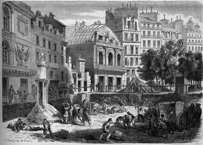 Transformationen von Paris unter dem Zweiten Kaiserreich, Haussmann Paris: Abriss der Theater des Tempels für das Durchstechen des Boulevard du Prince Eugene (heute Boulevard Voltaire). Gravur in 