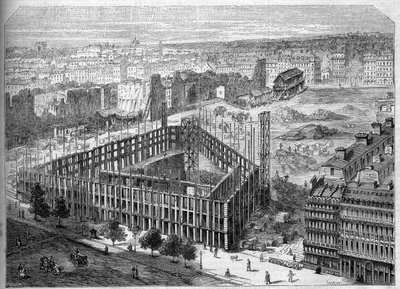 Transformationen von Paris unter dem Zweiten Kaiserreich, Paris Haussmann: Bau des Hotel de la Paix und Ansicht des Standorts der zukünftigen Oper Garnier, zwischen den Straßen Neuve des Mathurins, der Chaussee d