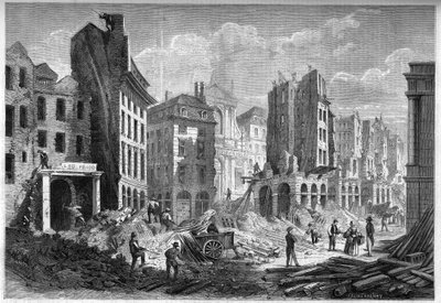Transformationen von Paris unter dem Zweiten Kaiserreich, Paris Haussmann: Abriss der Rue de la Barillerie für den Durchbruch des Boulevard Sebastopol. Gravur in „Le Monde Illustré“ Nr. 126 vom 10. September 1859 von French School