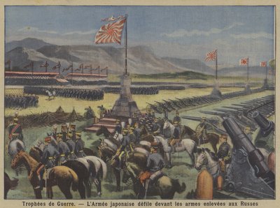 Kriegsbeute: Die japanische Armee paradiert vor russischen Waffen, die im Russisch-Japanischen Krieg erbeutet wurden (Farblithografie) von French School