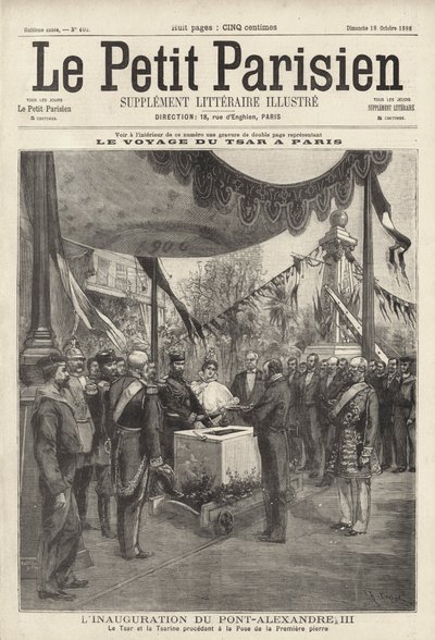 Zar Nikolaus II. und Zarin Alexandra von Russland bei einer Zeremonie zur Grundsteinlegung der Pont Alexandre III in Paris während ihres Besuchs in Frankreich von French School