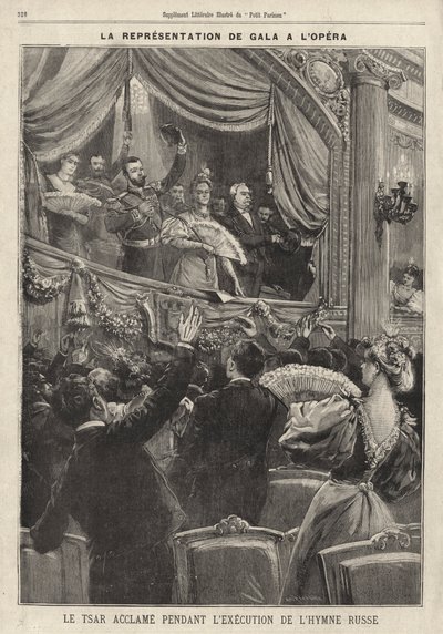 Zar Nikolaus II. von Russland wird vom Publikum während der Aufführung der russischen Nationalhymne bei einer Gala im Pariser Opernhaus gefeiert von French School