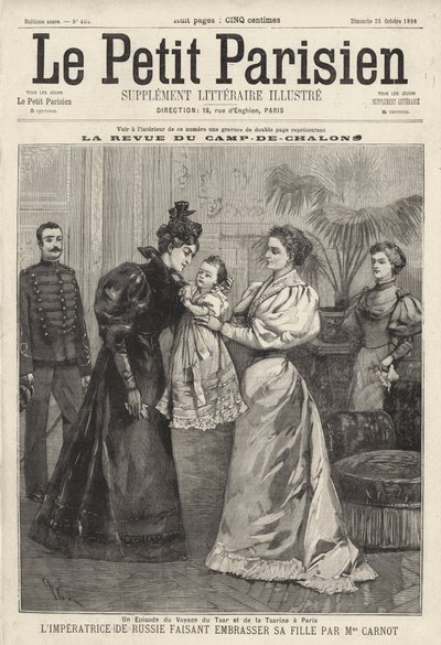 Zarin Alexandra von Russland lädt die Witwe des französischen Präsidenten Sadi Carnot ein, ihre Tochter, Großfürstin Olga, während des Besuchs der russischen kaiserlichen Familie in Paris zu küssen von French School