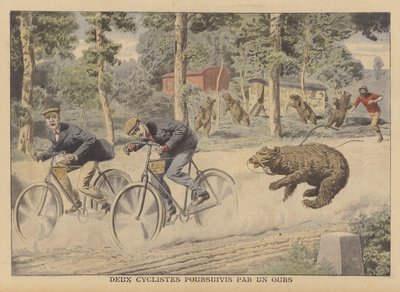 Zwei Radfahrer von einem entkommenen Bären verfolgt von French School